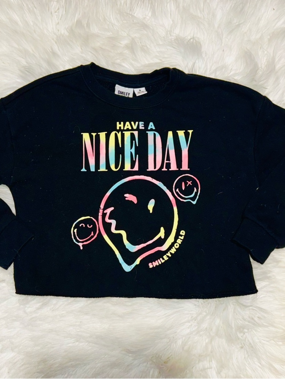 Smiley World "Have a Nice Day" Sweatshirt neon 3D Puffed lettering Rainbow